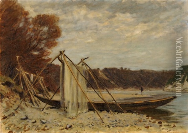 Flusslandschaft Mit Boot Und Aufgespanntem Netz Oil Painting - Hans Sturzenegger