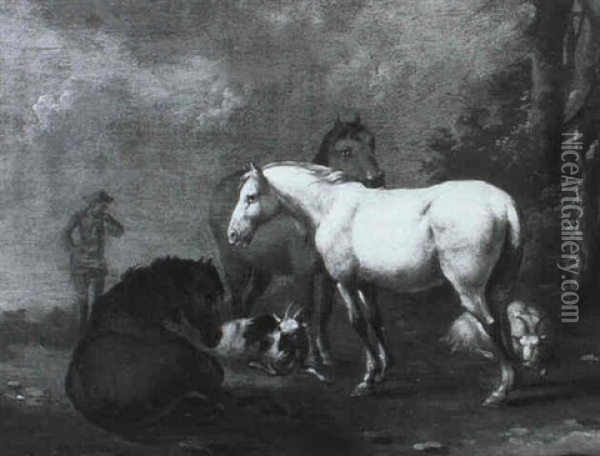 Hirte Mit Pferden Und Ziegen In Landschaft Oil Painting - Karel Dujardin