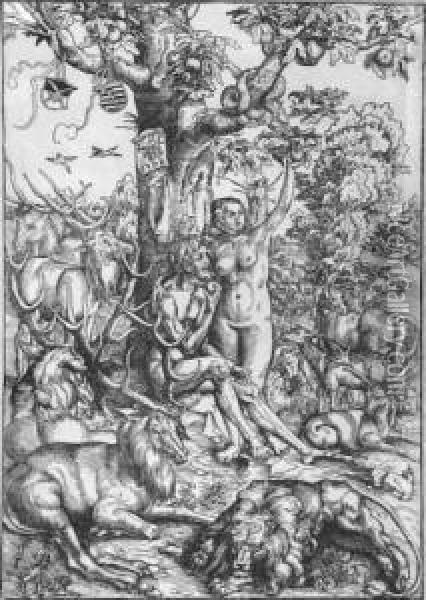 Adam Und Eva Im Paradies. Oil Painting - Lucas The Elder Cranach