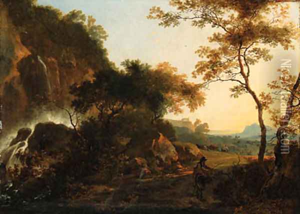 An Italianate Landscape with a Traveller on a Path by a Waterfall, a drover and cattle beyond Oil Painting - Adam Pynacker