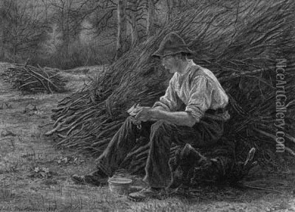 A Woodcutter Sitting On A Log Eating Lunch Oil Painting - Edith Martineau