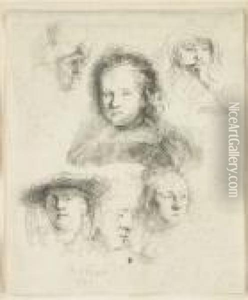 Etudes Pour La Tete De Saskia Et Autres Oil Painting - Rembrandt Van Rijn