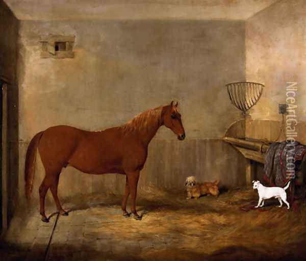 A Hunter and two dogs in a stable Oil Painting - Thomas W. Bretland
