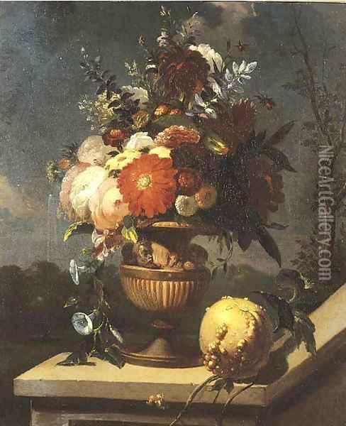 Roses and other flowers in a sculpted vase on a pedestal with an orange lying, an Italianate landscape beyond Oil Painting - Caspar Pieter I Verbrugghen
