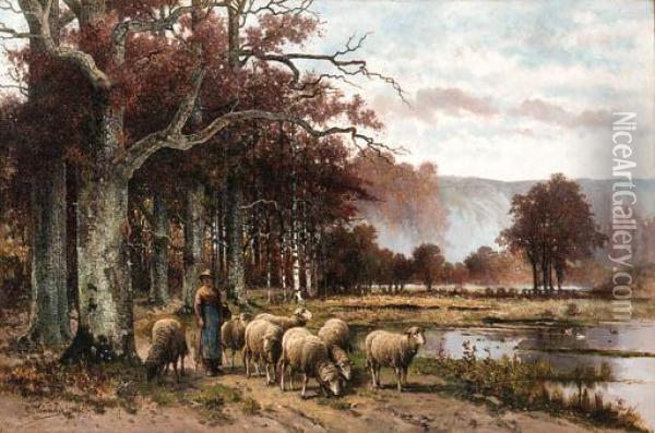 Sheep Grazing Under A Tree Oil Painting - Franz van Severdonck