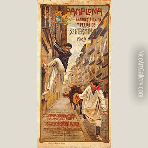 Pamplona Grandes Fiestas Y Ferias De San Fermin 1909 Oil Painting - Javier Ciga Echandi