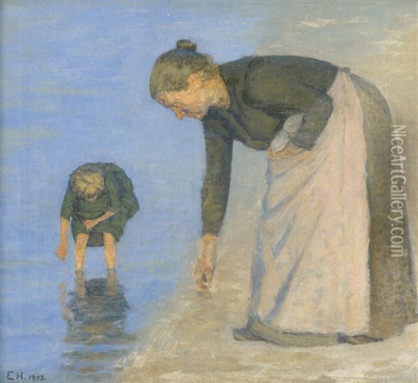 Fiskerkone Ved Stranden, Skagen: Die Frau Eines Fischers Mit Kind Am Strand Bei Skagen Oil Painting - Einar Hein
