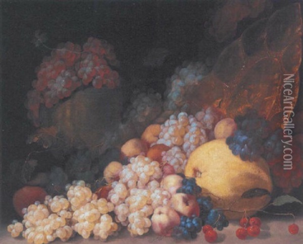 Grapes, Cherries, Peaches, A Melon, A Lemon And Gilt Platter Oil Painting - Luca Forte
