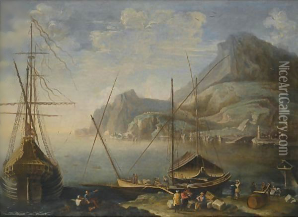 A Mediterranean Coastal Scene With Figures Unloading Cargo From Boats In The Foreground Oil Painting - Agostino Tassi