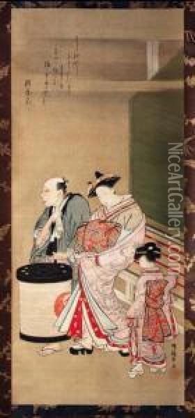 Signed Koryusai Ga And Sealed Masakatsu No In Oil Painting - Isoda Koryusai