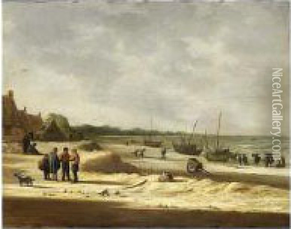 A Beach Scene With Fisherfolk In A Dune Village And Fishing Boats Moored Oil Painting - Willem Gillisz. Kool