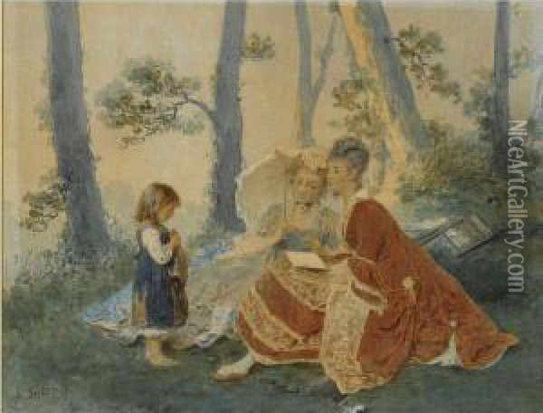 A Little Girl Begging Two Elegant Ladies Oil Painting - Angelo Trezzini