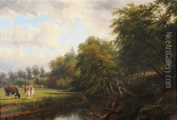 Cattle In A Meadow Beside A Tree-lined River Oil Painting - Thomas Baker