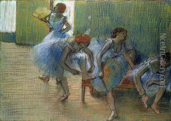 Dancers on a Bench, c.1898 Oil Painting - Edgar Degas