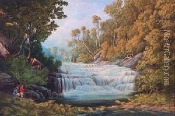 Fishermen Beside Waterfall Oil Painting - Nicholas Chevalier
