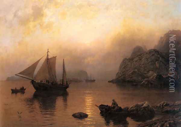 Fishing Party At Sunrise Oil Painting - Hans Fredrik Gude