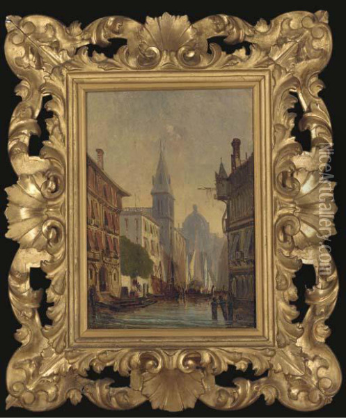 A Venetian Canal With River Traffic, A Cappriccio Oil Painting - Adolphe-Antoine Perrot