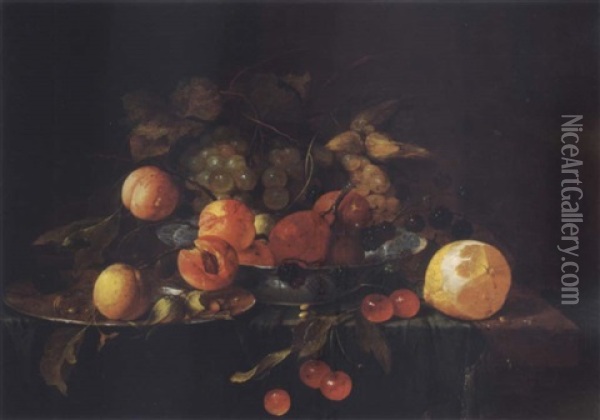 Still Life Of Pewter Plate With Fruit And Other Objects On A Gold-hemmed Cloth On Top Of A Stone Table Oil Painting - Jan Davidsz De Heem