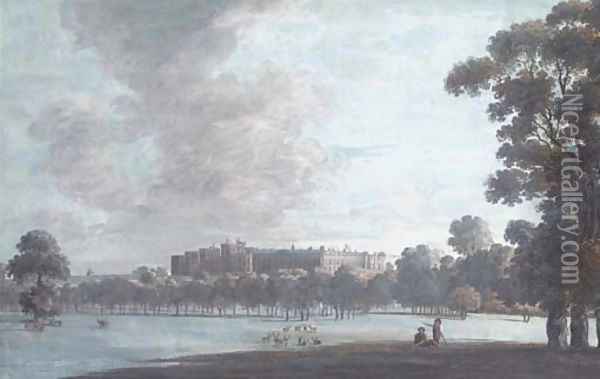 A castle, possibly Windsor, seen from the deer park Oil Painting - John Laporte