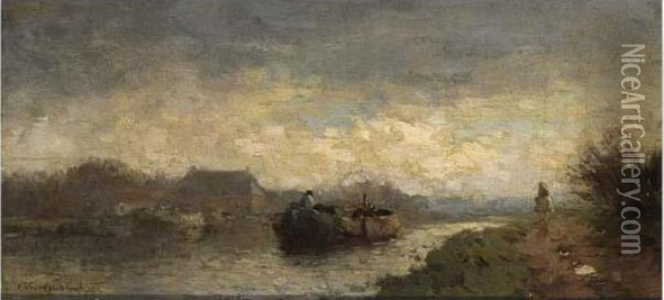 A Track Boat On A Waterway Oil Painting - Cornelis Vreedenburgh