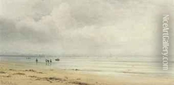 Figures Playing In The Sea At Low Tide Oil Painting - Henry Albert Hartland