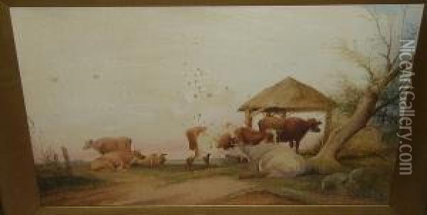 Cattle Resting By A Byre; Sheep 
And Cattle In An Open Pasture, Both Signed And Dated 'frederick E. 
Valter 1903' Oil Painting - Frederick E. Valter