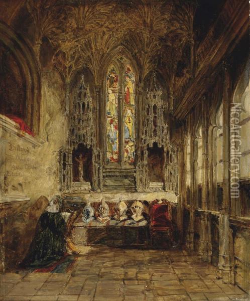 A Nun Praying In A Church Interior Oil Painting - James Holland