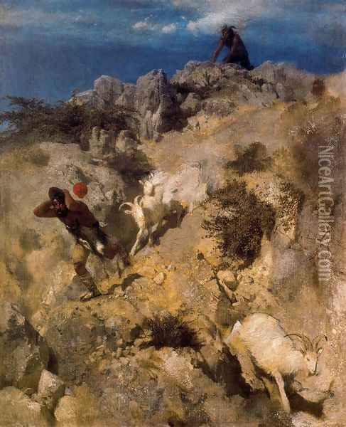 Pan frightening a shepherd Oil Painting - Arnold Bocklin