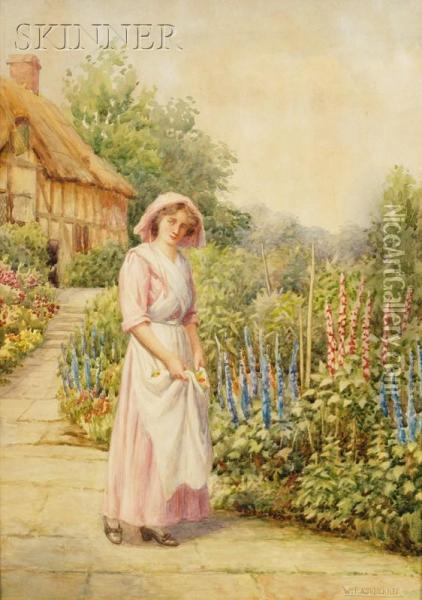 Gathering Flowers In The Garden Oil Painting - William F. Ashburner