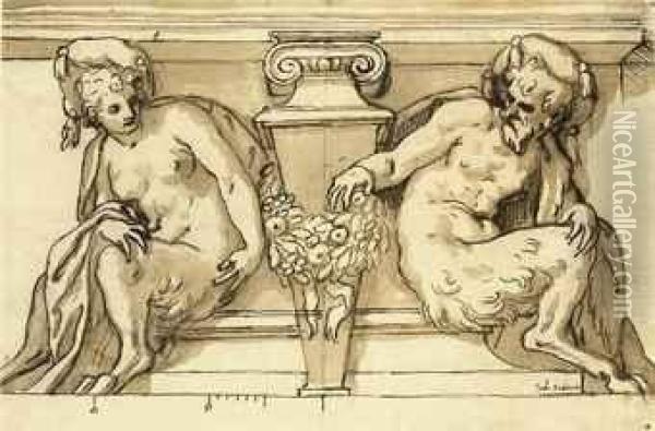 Architectural Design With Male And Female Satyrs Supporting Apediment Oil Painting - Paolo Farinati