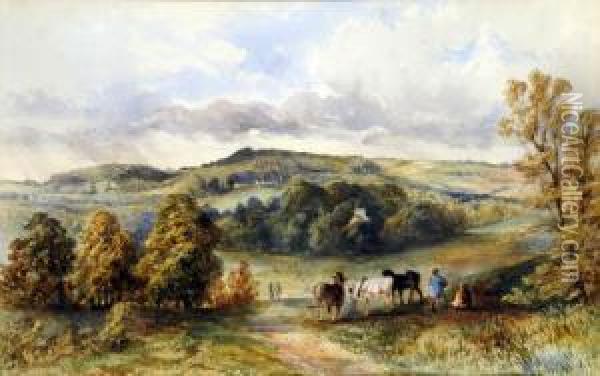 Extensive English Landscape With Farm Workers Resting Oil Painting - H. Thornton