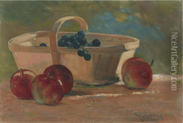 Basket Of Purple Grapes With Four Apples Oil Painting - John Haberle