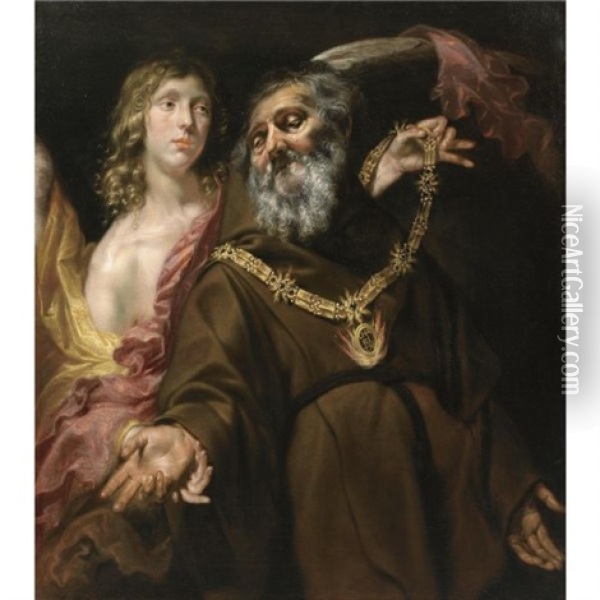 Saint Francis Of Paola Receiving The Arms From Saint Michael In A Vision Oil Painting - Jan Cossiers