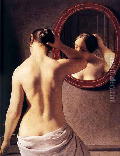 Woman Standing In Front Of A Mirror Oil Painting - Christoffer Wilhelm Eckersberg