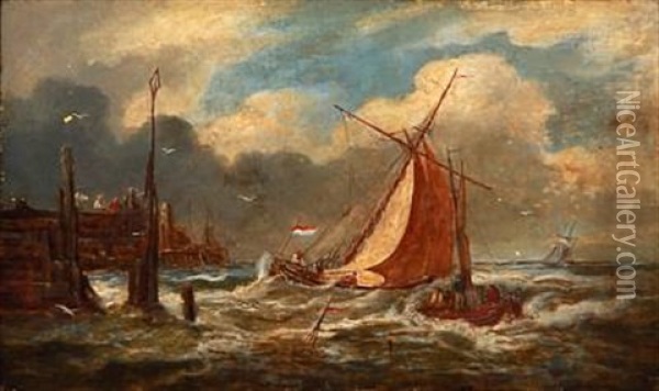 Dutch Coastal Scene With Sailing Boats In High Waves Oil Painting - Johannes Frederik Hulk the Elder