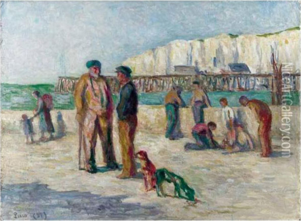 Le Treport, La Plage Et La Falaise Oil Painting - Maximilien Luce