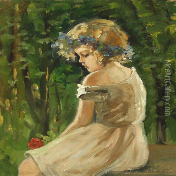 Girl With Flowers In Her Hair Oil Painting - Christian Aigens