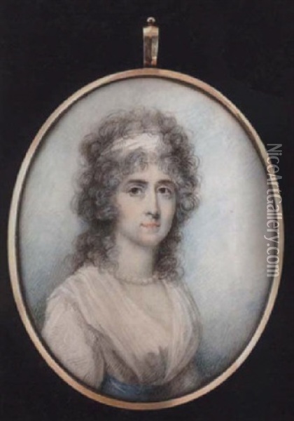 The Hon. Letitia Morres Wearing White Bandeau In Her Loose Powdered Hair, White Dress With Blue Ribbon Waistband And Pearl Necklace Oil Painting - Thomas Robinson
