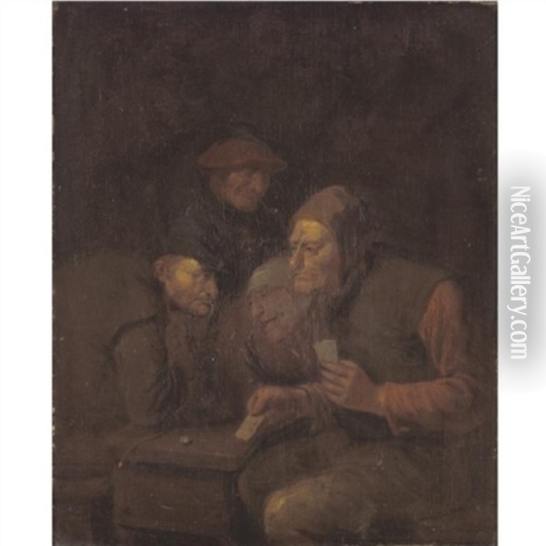 A Tavern Interior With Peasants Playing Cards Oil Painting - Egbert van Heemskerck the Elder