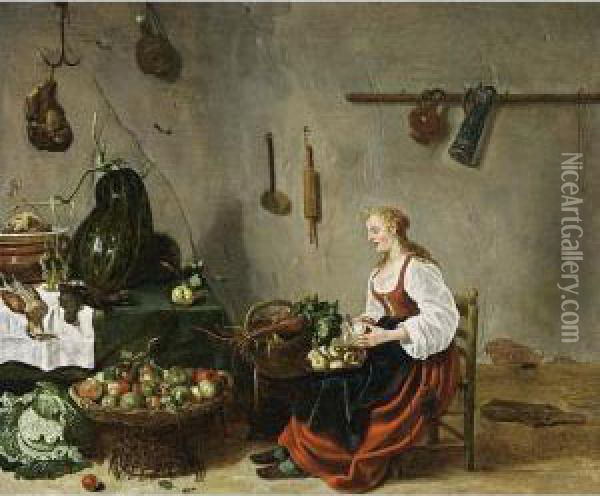 A Kitchen Interior With A Maid Cleaning Turnips Oil Painting - Sybrand Van Beest