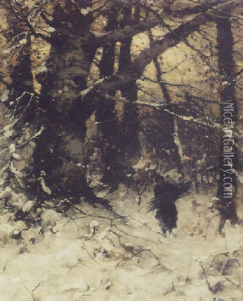 A Wood-gatherer In A Wintry Forest Landscape Oil Painting - Ludwig Munthe
