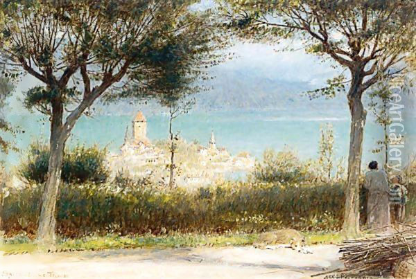 The Town Of Spiez, Lake Of Thun Oil Painting - Albert Goodwin