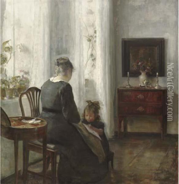A Mother And Child In An Interior Oil Painting - Carl Vilhelm Holsoe