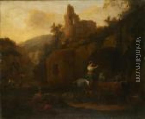 Berchem Resting Travellers In A Rocky Landscape Oil Painting - Nicolaes Berchem