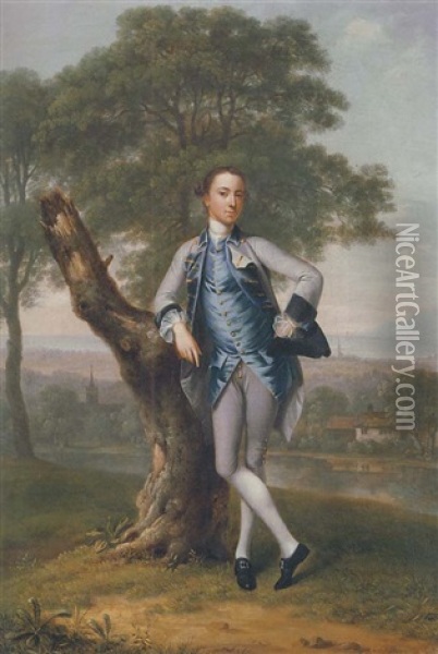 Portrait Of Thomas Bateman Lane In A Grey Suit With A Blue Waistcoat, Holding A Tricorn In His Left Hand, Leaning On A Tree Stump, In A River Landscape With The Sea Beyond Oil Painting - Arthur Devis