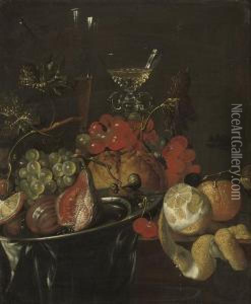 Figs And Grapes On A Pewter Plate Oil Painting - Cornelis De Heem