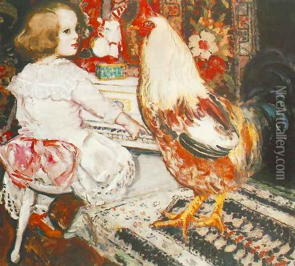 Zuzu with Cock 1912 Oil Painting - Istvan Csok