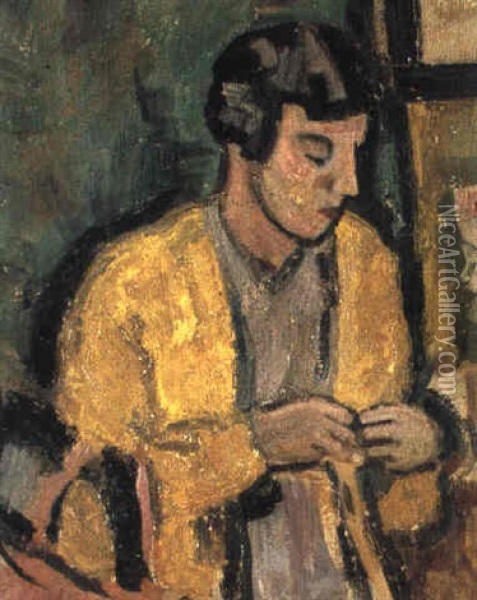 Woman In Yellow Oil Painting - George Leslie Hunter