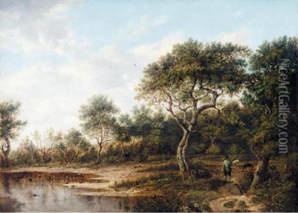 A Wooded Landscape With A Gentleman Out Shooting Oil Painting - Patrick, Peter Nasmyth