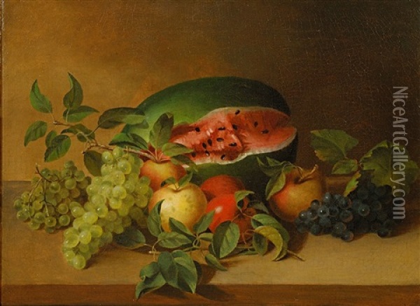 Still Life With Watermelon, Peaches, And A Pear Oil Painting - James Peale Sr.